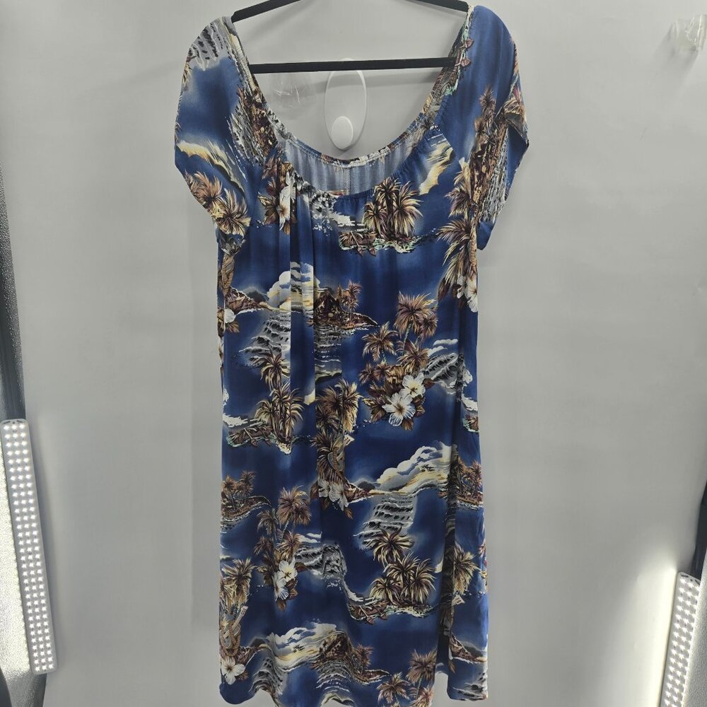 Vintage Hilo Hattie Blue Aloha Made in Hawaii Rayon Off Shoulder Midi Dress Med
